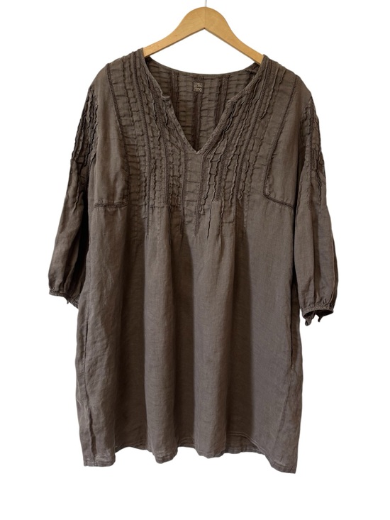 120% Lino Tops - 120% Lino Linen Tunic Top Coastal Taupe Pleated Long Blouse XL READ